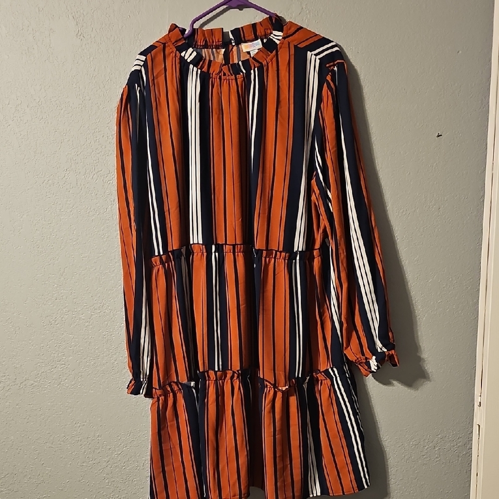 LuLaRoe Vibrant Orange and Navy Striped Tiered Ruffle Dress - Annabelle